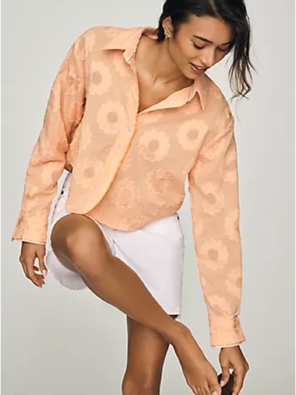 Maeve Anthropologie Medium Yellow/Orange Floral Cropped Button Down Collar Top